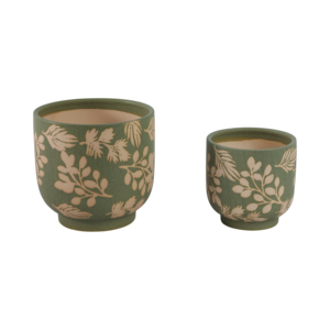 Set di due vasi in gres con motivo a foglie verdi per uso interno ed esterno - Product Image 4