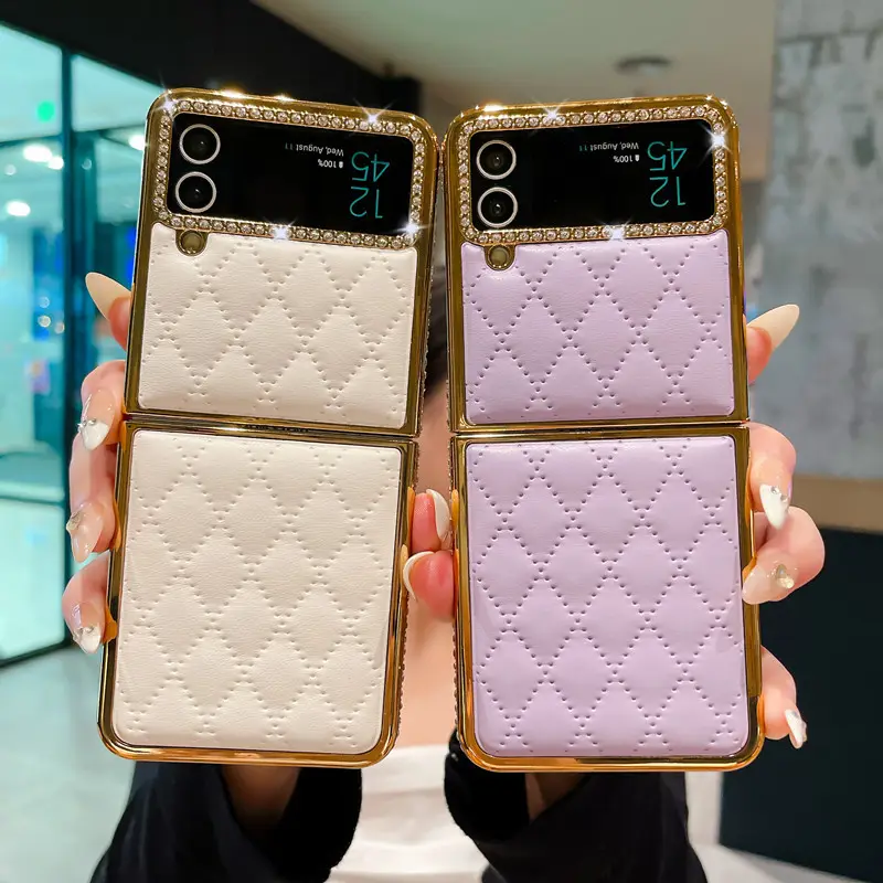 luxury plating gold glitter diamond lattice plaid pu leather phone case cover for samsung z flip 5 4 3