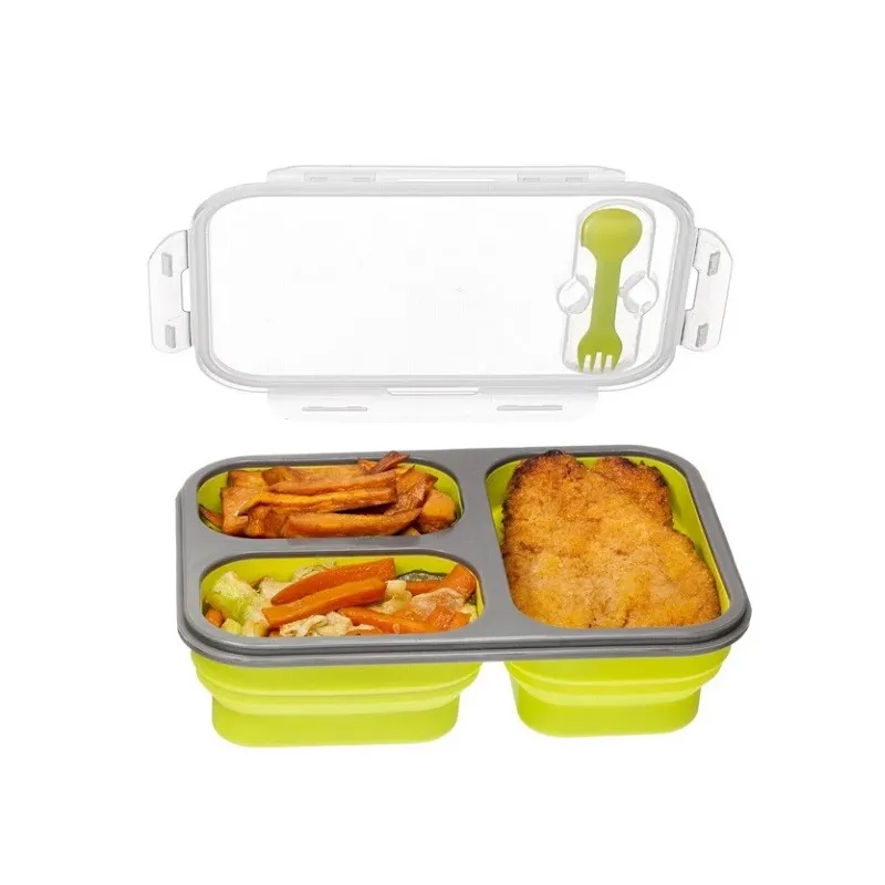 3 Compartments Collapsible Silicone Food container, Wholesale Food Grade Silicone Container
