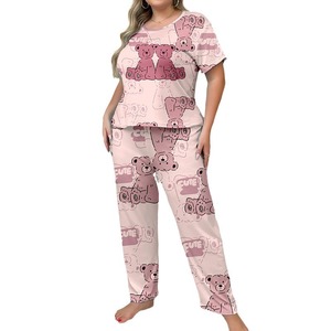 Vanfound Ensemble Pyjama Deux Pièces pour <span class=keywords><strong>Femmes</strong></span> Grande Taille, Vêtement de Maison d'Été, Imprimé Cartoon Doux, Logo Avant, T-Shirt à Manches Courtes, Pantalon <span class=keywords><strong>Combi</strong></span> - Product Image 3