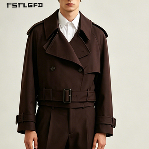 Men Cropped Trench Jacket 100% Cotton Double Breasted Hook Collar Closure Waist Belt Belted Cuffs Short Coat Outerwear - Product Image 2