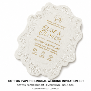 Invitation de mariage personnalisée en papier de coton de luxe, bilingue français-anglais, avec dorure à chaud, faible quantité minimale de commande, impression numérique - Product Image 1