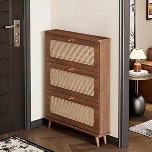 Armoire à chaussures ultra-mince <span class=keywords><strong>en</strong></span> <span class=keywords><strong>rotin</strong></span> <span class=keywords><strong>en</strong></span> bois du milieu du siècle, étagère à 3 niveaux, rangement de salon anti-poussière pour petit appartement - Product Image 1