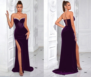 Robe de soirée sirène en velours rouge, col cœur, sans manches, longueur ras du sol, avec superposition transparente et décoration en strass, élégante robe d'hiver - Product Image 6