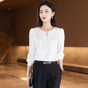 Atasan Wanita lengan panjang, kasual, Atasan Wanita renda Perancis, leher polos, dicelup, kemeja pola Solid untuk kantor, musim semi, ekspor lintas batas - Product Image 4