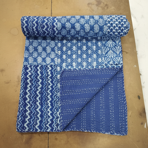 Trending Indigo Print <b>Blue</b> Dye <b>Fabric</b> Cotton Hand Stitched Blanket Throw Bedspread Bohemian Kantha Luxury Bedding Hotel Quilt - Product Image 1