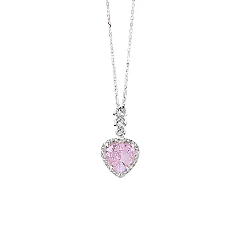 Bling Pink Crushed Ice Cut Herzförmige Zirkonia Frauen Anhänger 925 Sterling Silber Herz Diamant Halskette