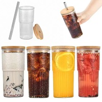 Nouveau style transfrontalier Verre à boisson martelé 20oz avec couvercle en bois et motif vertical, pour thé au lait, café, lait, cola, bière
