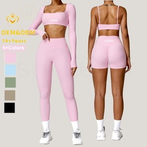 Set Yoga Personalizzato Completo Sportivo <span class=keywords><strong>Leggings</strong></span> Arricciati e Reggiseno Abbigliamento Attivo per Yoga Allenamento Sportivo Set Fitness da Palestra per Donne SQ8518 - Product Image 1