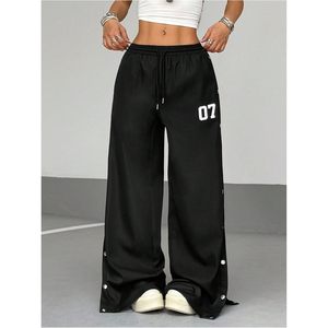 Pantalon de survêtement ample pour femme, jambe large, taille haute, cordon de serrage, style Y2K, streetwear, avec fente et boutons - Product Image 3