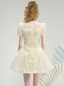 مأدبة مسائية قبالة الكتف قصيرة وصيفة الشرف شبكة فستان صغير أنيق فستان الأميرة الدانتيل قطع القوس فستان على شكل خط - Product Image 3