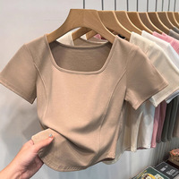 Camiseta de verano para mujer con cuello cuadrado, manga corta, dobladillo curvo, escote amplio, ajuste ceñido, diseño de espina de pescado, teñido liso, color sólido, larga