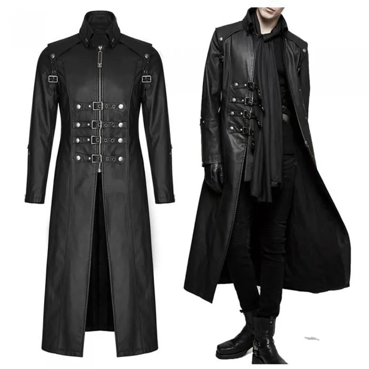 Men Long Black Gothic Imitation Leather Coat