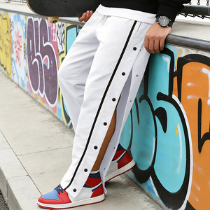 <b>Men's</b> <b>White</b> Side Button Long <b>Pants</b> With Vertical Stripe Breathable Polyester Casual Streetwear Hip Hop Style Outdoor Wear - Product Image 1
