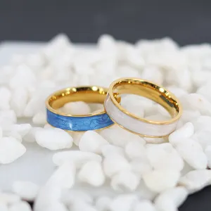 Anel de aço inoxidável 18K banhado a ouro para mulheres, anel artesanal com gota de óleo azul e branco, dedo indicador simples