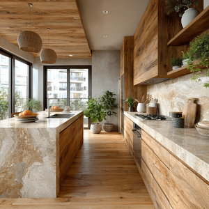 Gabinetes de Cocina y Comedor <span class=keywords><strong>Modulares</strong></span> Rústicos VSME con Puertas de Madera Natural, Cierre Suave, Iluminación LED e Isla de Mármol - Product Image 6