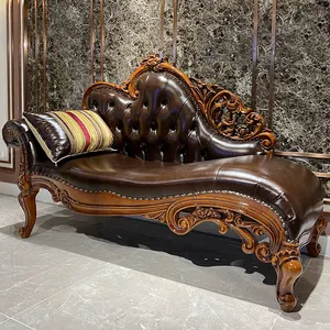 Cổ điển cổ điển sang trọng da thật nút phòng chờ ghế sofa cổ pháp Baroque tufted khắc gỗ Chaise phòng chờ