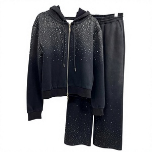 Survêtement noir à capuche pour femme avec imprimé à pois en strass, fermeture éclair sur le devant, manches longues, coupe ample, décontracté, pour l'automne - Product Image 1