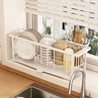 Égouttoir à vaisselle pour rebord de fenêtre de petite cuisine, double niveau, en métal, design moderne, multifonctionnel, durable, 5 crochets, rangement, nettoyage