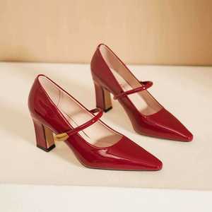 Mary Jane Pumps Pointed Toe Block <b>Heel</b> <b>Red</b> Pu Lining Single Strap Buckle Solid Med <b>Heel</b> Fashion Trend Women's Shoes - Product Image 1