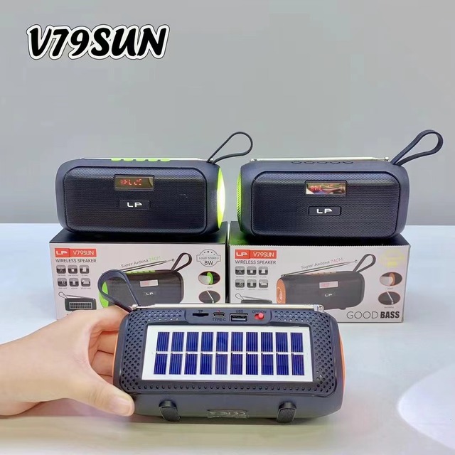 V79SUN Portable Solar Bluetooth Speaker LCD Screen Card Antenna FM 87.5-108MHz X Bass MusicBox MP3 Player Outdoor Flashlight