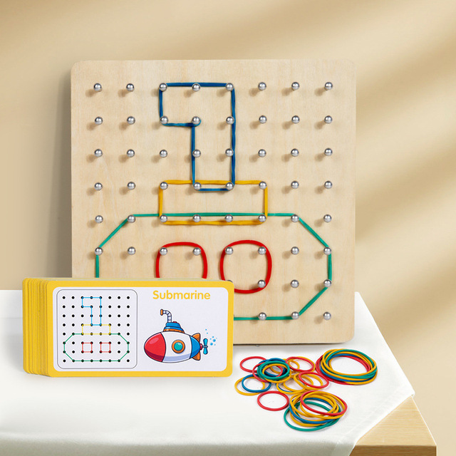 Wholesale Eco-friendly Montessori Educational Toy Wooden Geoboard Pattern Cards Rubber Bands for Shape Building STEM Learning