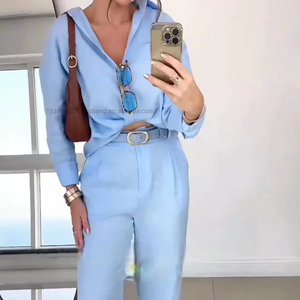 Ensemble 2 pièces pour femmes, chemise à manches longues ample en coton et lin de couleur unie et pantalon décontracté, nouvelle mode - Product Image 2