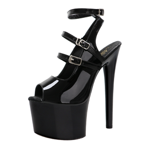 Sandales à plateforme noires à bride cheville, bout ouvert, talons très hauts sexy de 20 cm, avec boucle, pour femme, grande taille, été - Product Image 1