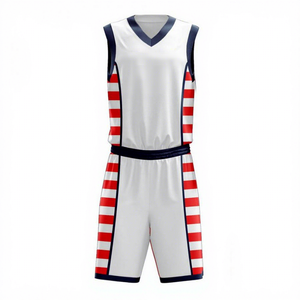 Ensemble de maillot de basket sans manches à col en V rayé rouge blanc marine en polyester anti-humidité unisexe adulte toutes saisons - Product Image 1