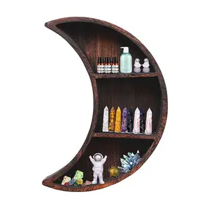 Home Decor Floating Reversible Wooden Wall Mounted Moon Shelves Crystal Essential Oil Organizer Shelf For Livingroom Kitchen