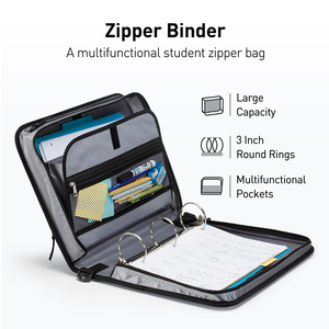 Hot Sell Round Ring 3Inch Zipper Binder 3 Round Rings Binder with Expanding <b>File</b> and Shoulder Strap Bag Black - Product Image 2
