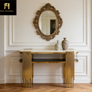 Table <span class=keywords><strong>console</strong></span> de luxe moderne pieds en acier inoxydable doré <span class=keywords><strong>avec</strong></span> <span class=keywords><strong>miroir</strong></span> <span class=keywords><strong>pour</strong></span> <span class=keywords><strong>entrée</strong></span> de la maison <span class=keywords><strong>pour</strong></span> salon hôtel ou villa - Product Image 1