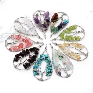 Handmade Clavicle Chain Quartz Jewelry Colorful Wrapped Wire Pendant Mix Stone Crystals Tree Of Life Pendant Chakra Jewelry