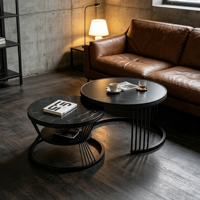 Ensemble de tables basses modernes à effet marbre noir, plateau en métal, table ronde pour le salon