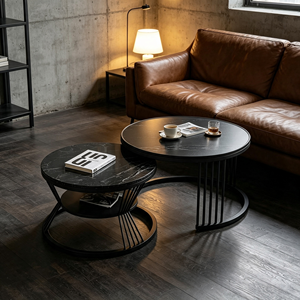 Ensemble de tables basses modernes à <span class=keywords><strong>effet</strong></span> <span class=keywords><strong>marbre</strong></span> <span class=keywords><strong>noir</strong></span>, plateau en métal, <span class=keywords><strong>table</strong></span> <span class=keywords><strong>ronde</strong></span> pour le salon - Product Image 2