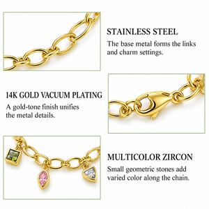 Bracelet à breloques en zircon multicolore, acier inoxydable, plaqué or 14 carats, chaîne à maillons ovales ouverts - Product Image 3