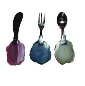 Ensemble de couverts en acier avec manche en agate multicolore, cuillère, fourchette, couteau - Product Image 1