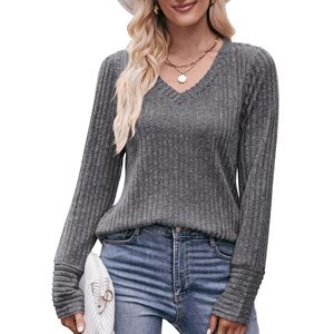 2023 otoño nueva moda Simple Top Ground Wool Pit Strip cuello en V Color sólido mujeres cómoda Camiseta de manga larga - Product Image 4