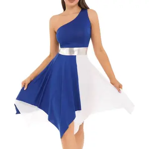 뜨거운 판매 여성 패치 워크 비대칭 헴 민소매 드레스 레오타드 한 어깨 컬러 블록 댄스 드레스