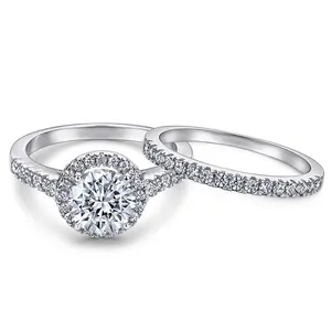 טבעת הילה קלאסית עגולה בחיתוך מבריק בצבע זהב לבן 925 טבעת אירוסין מכסף סטרלינג