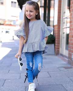 Ensemble 2 pièces d'été pour fille : Chemise rayée à volants et veste en jean ajouré pour bébé, tenue d'automne pour filles - Product Image 4