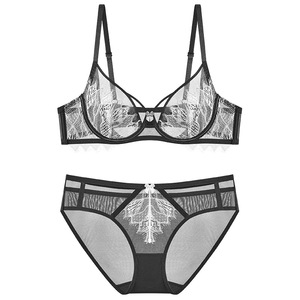 Комплект женского сексуального белья ZONA: бюстгальтер с низкой посадкой, с подкладкой, из прозрачного французского кружева, с цветочным бантом, с боковой поддержкой, на косточках, пуш-ап, трусики-стринги. Для оптовой продажи и индивидуального заказа. - Product Image 2