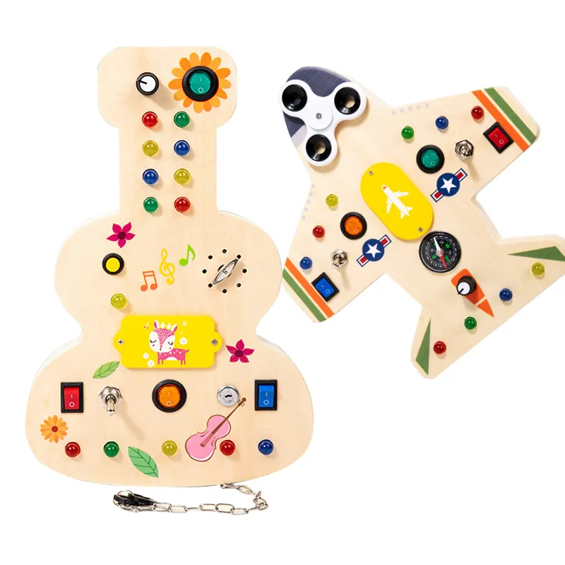 Деревянные сенсорные игрушки Montessori, самолет, доска для занятий со скрипкой, со светодиодными кнопками, подключаемые провода, детские подарки