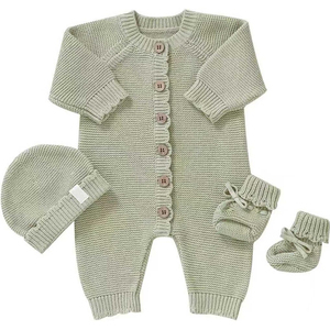 Ensemble 3 pièces nouveau-né en coton biologique MIQV : barboteuse tricotée, bonnet et chaussons – Tenue mignonne sans manches unisexe pour l'automne - Product Image 2