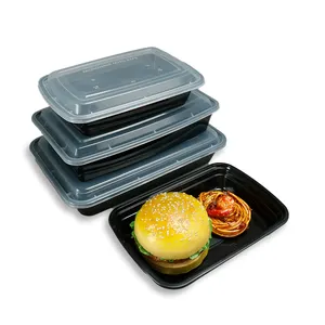 American Reusable Fast Food Container Black Plastic Food Grade Meal Prep Containers Takeaway Bento Box With Dome Lids