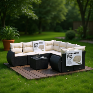 Juego de Sofás de Jardín Color Blanco Crema y Negro, 6 Plazas, Muebles de Ratán para Exteriores con Cojines, Diseño Contemporáneo - Product Image 2