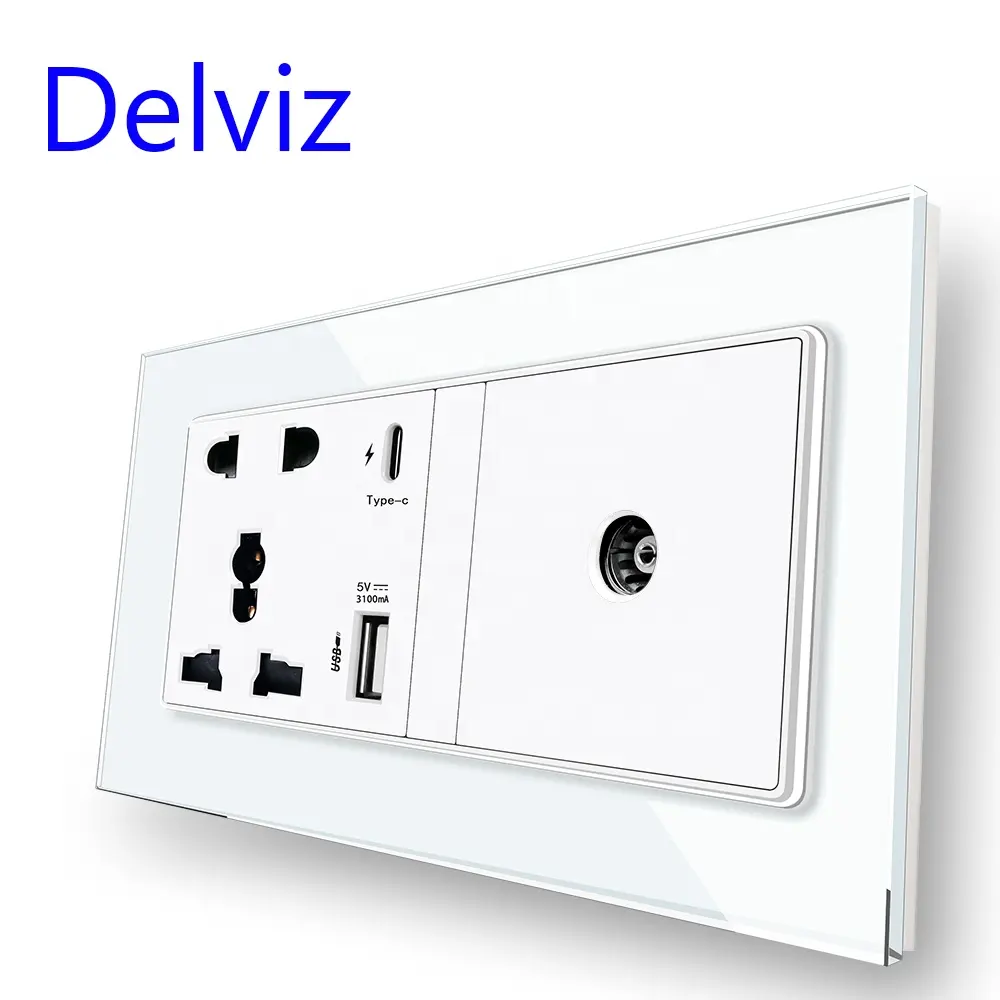 Delviz multi function electric Outlet,Universal 13A Power Panel, 18W 3A Type C Smart Quick Charge USB port, Wall Cable TV Socket