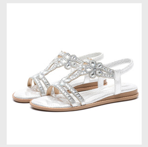 Elegant White Gladiatorial Flat Sandals With Rhinestone Decoration <b>Open</b> <b>Toe</b> Slip-On Women's Summer Shoes - Product Image 4