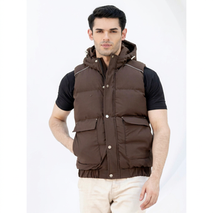 Chaleco Acolchado Sin Mangas con Capucha para Hombre, Color Marrón Sólido, con Cierre de Cremallera y Bolsillos, Ropa de Abrigo Informal para Invierno - Product Image 1