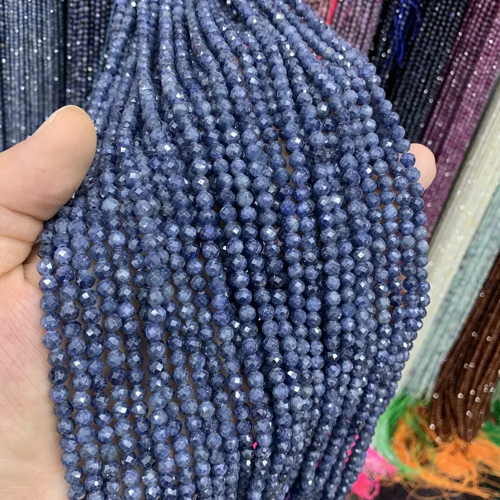 Natürlicher blauer Saphir Facettierter runder Strang Edelstein Lose Perlen 5mm 6mm Halb stein für die Herstellung von Armband ketten